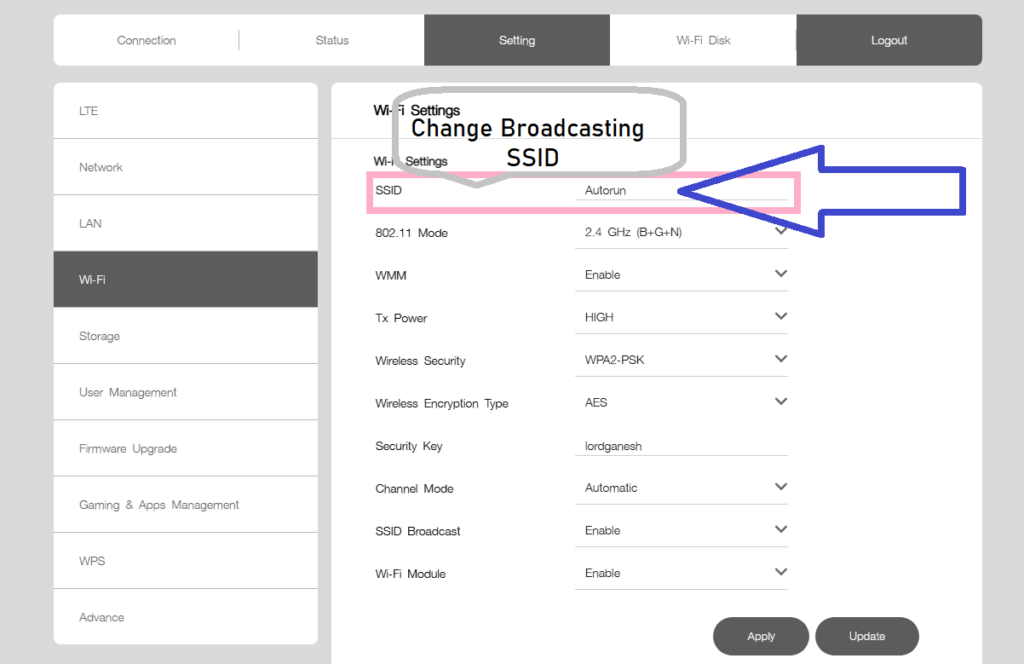 Jiofi Broadcasting SSID